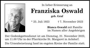 Traueranzeige Franziska Oswald