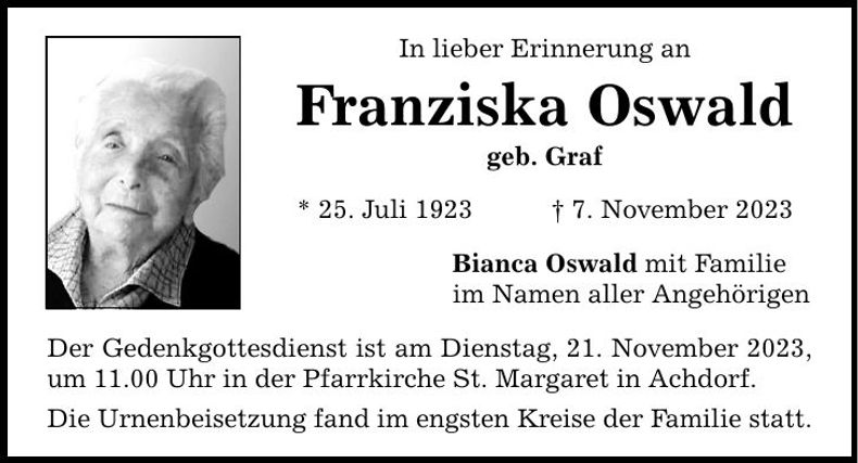 Traueranzeige Franziska Oswald