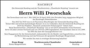 Traueranzeige Willi Dworschak