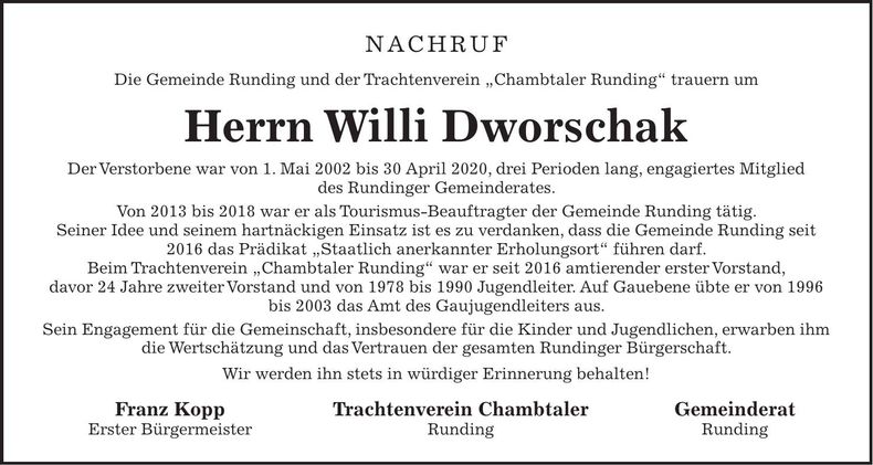 Traueranzeige Willi Dworschak