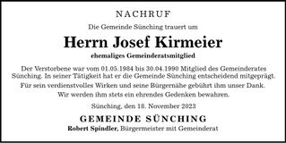 Traueranzeige Josef Kirmeier
