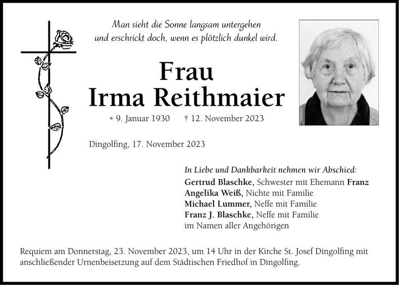 Traueranzeige Irma Reithmeier