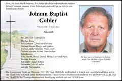 Traueranzeige Johann Baptist Gabler