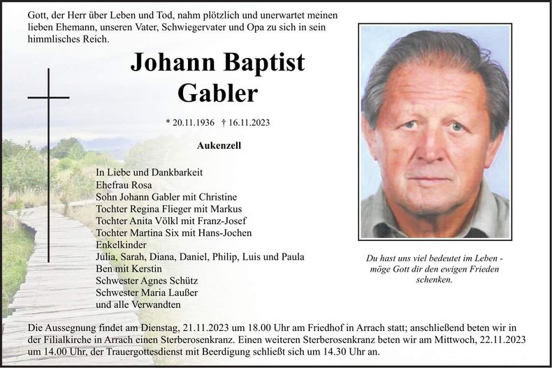 Traueranzeige Johann Baptist Gabler