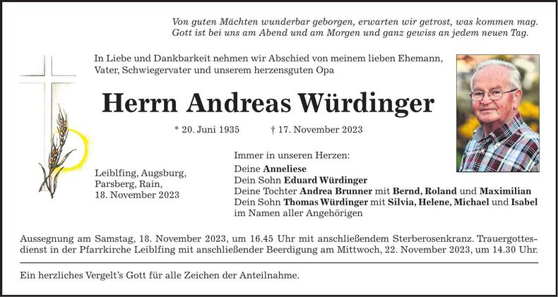 Traueranzeige Andreas Würdinger