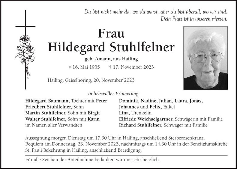 Traueranzeige Hldegard Stuhlfelner