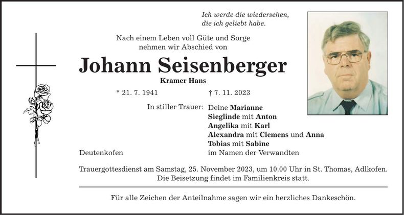 Traueranzeige Johann Seisenberger