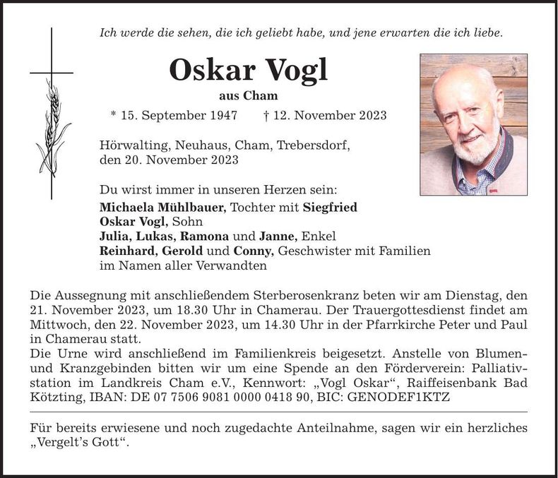 Traueranzeige Oskar Vogl