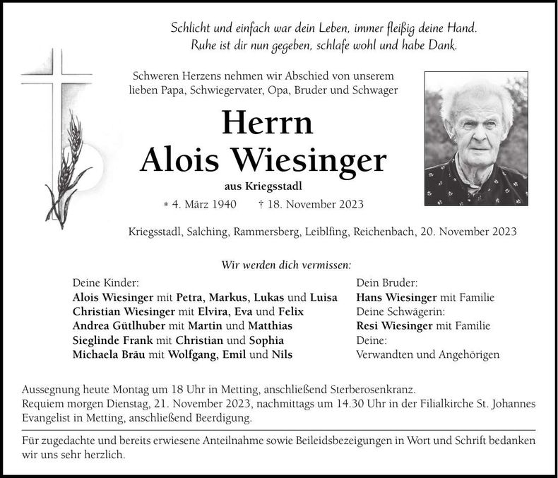 Traueranzeige Alois Wiesinger