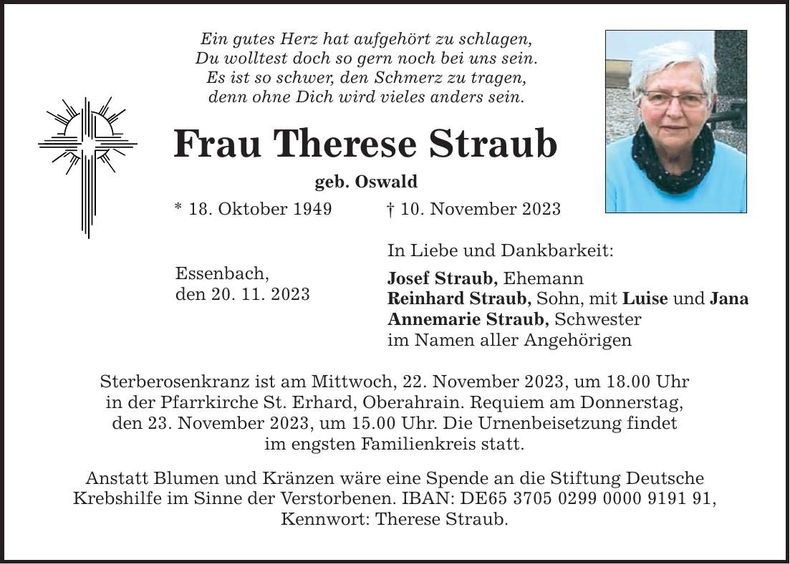 Traueranzeige Therese Straub