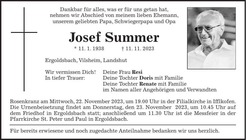 Traueranzeige Josef Summer