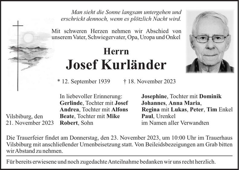 Traueranzeige Josef Kurländer