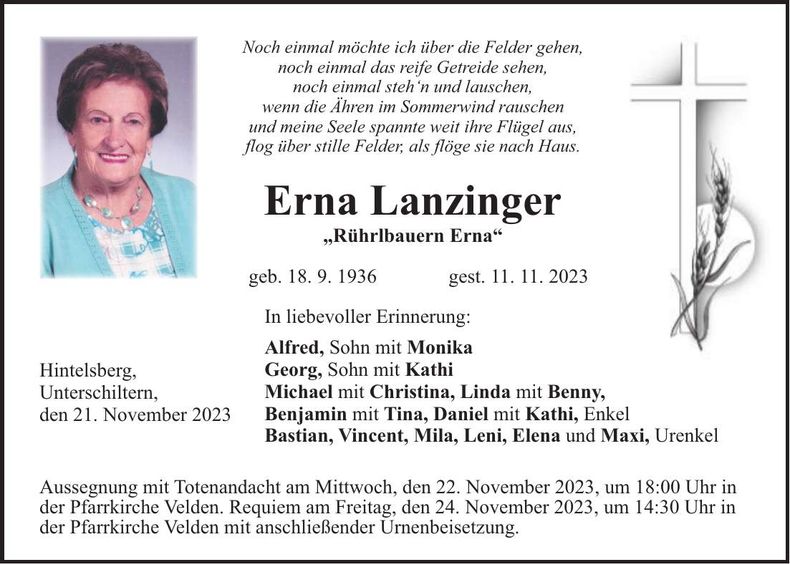 Traueranzeige Erna Lanzinger