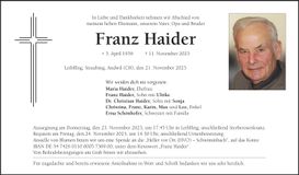Traueranzeige Franz Haider