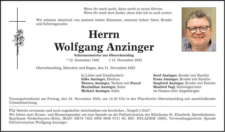 Traueranzeige Wolfgang Anzinger
