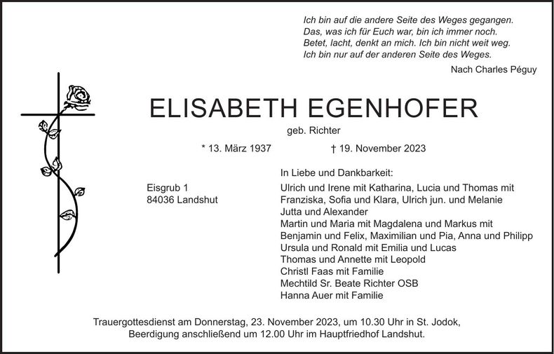 Traueranzeige Elisabeth Egenhofer