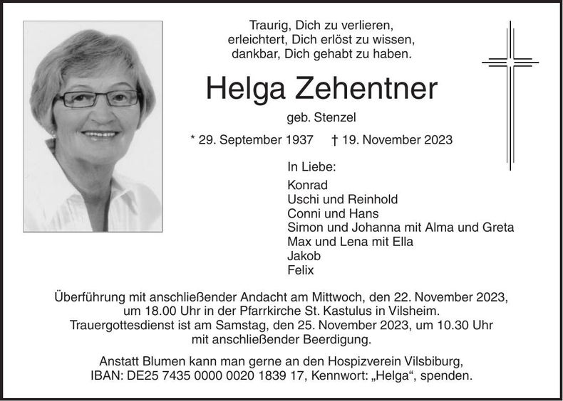 Traueranzeige Helga Zehentner