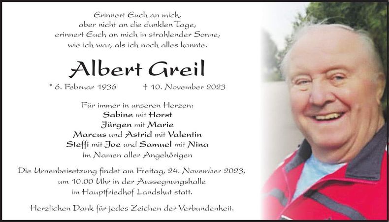 Traueranzeige Albert Greil
