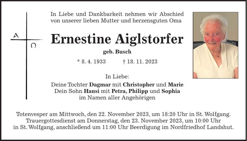 Traueranzeige Ernestine Aiglstorfer