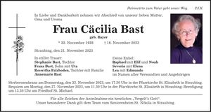 Traueranzeige Cäcilia Bast