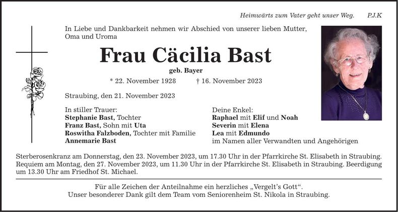 Traueranzeige Cäcilia Bast