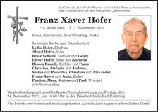 Traueranzeige Franz Xaver Hofer