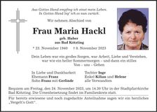 Traueranzeige Maria Hackl