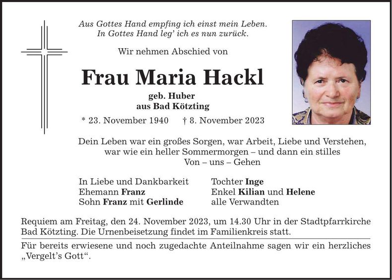 Traueranzeige Maria Hackl