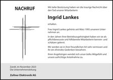 Traueranzeige Ingrid Lankes