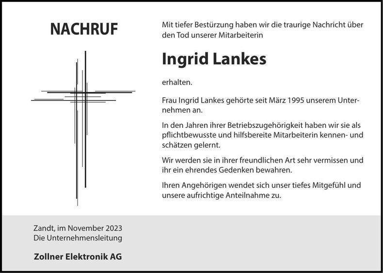 Traueranzeige Ingrid Lankes