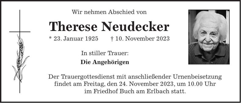 Traueranzeige Therese Neudecker