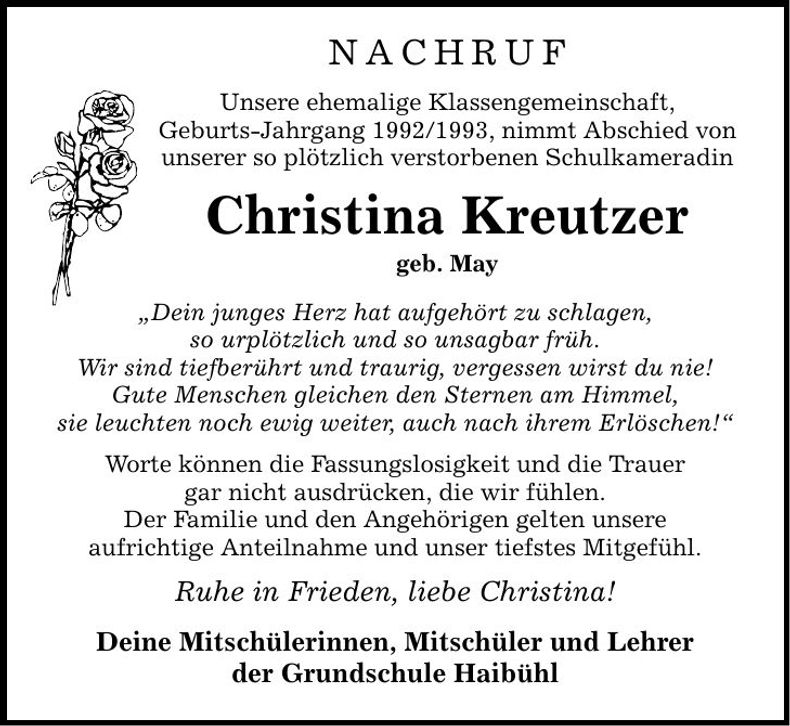 Traueranzeige Christina Kreutzer