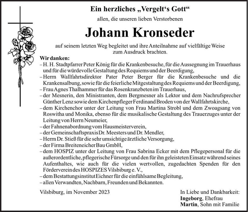 Traueranzeige Johann Kronseder