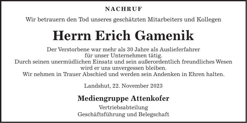 Traueranzeige Erich Gamenik