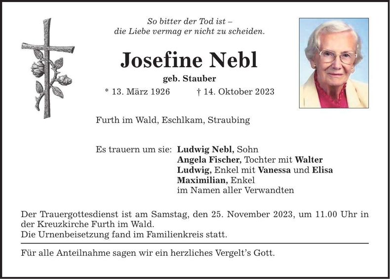 Traueranzeige Josefine Nebl