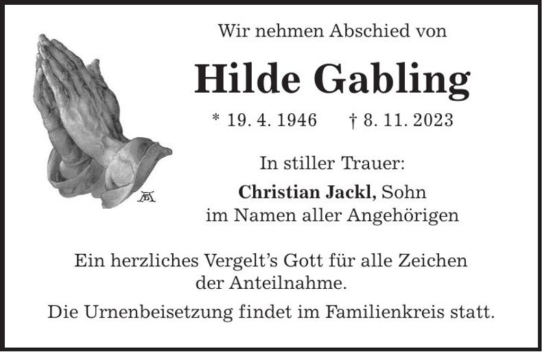 Traueranzeige Hilde Gabling