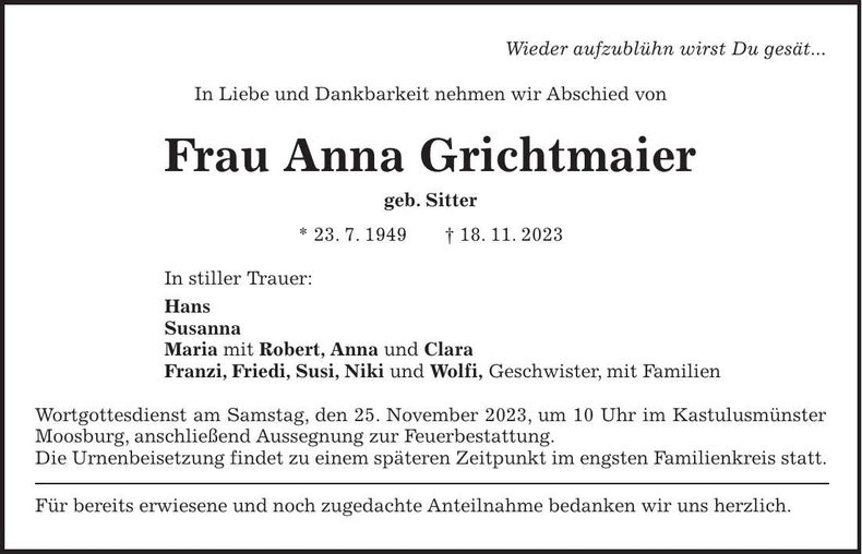 Traueranzeige Anna Grichtmaier