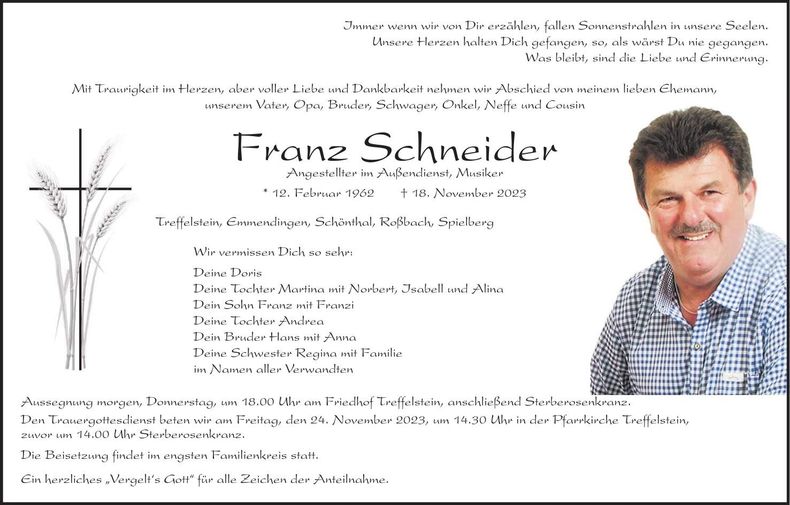 Traueranzeige Franz Schneider