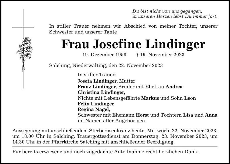 Traueranzeige Josefine Lindinger
