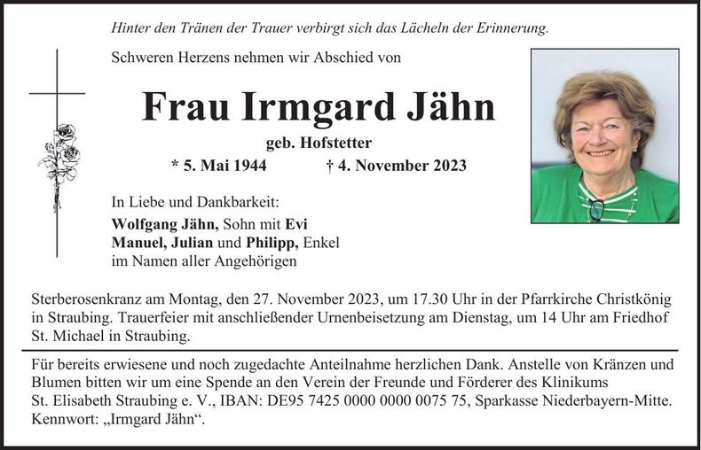 Traueranzeige Irmgard Jähn