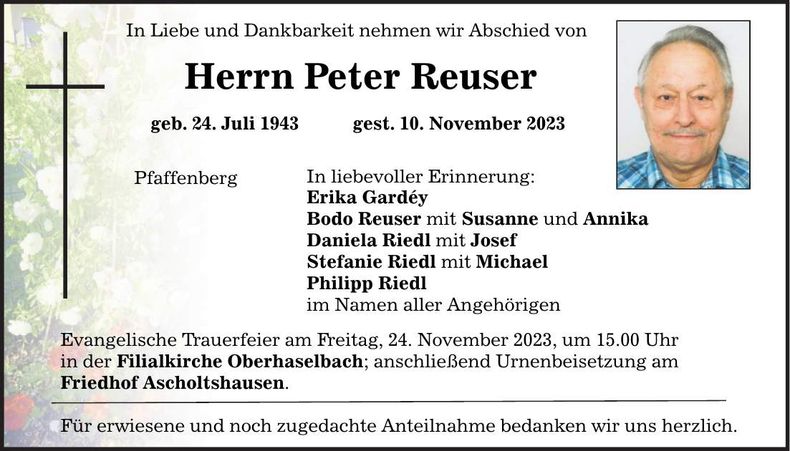 Traueranzeige Peter Reuser