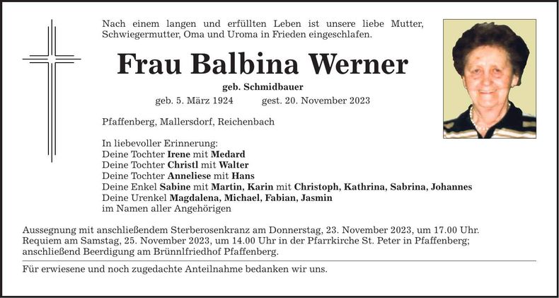 Traueranzeige Balbina Werner
