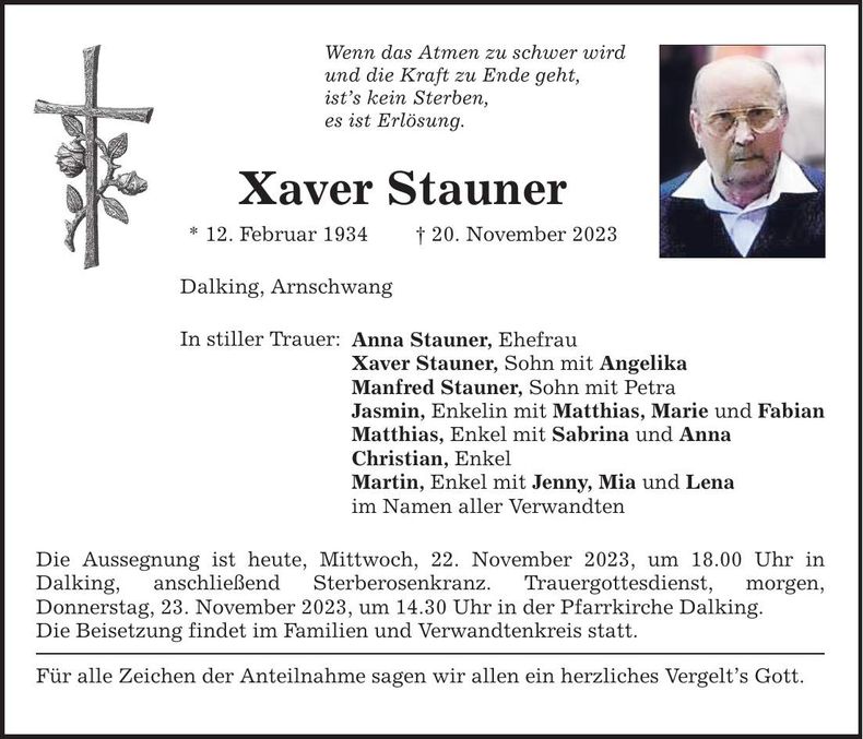 Traueranzeige Xaver Stauner