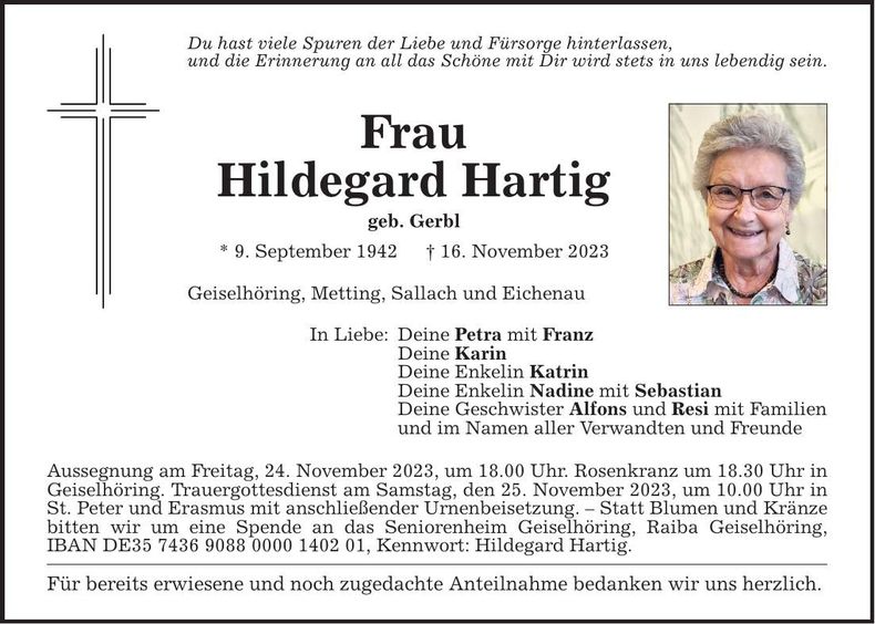 Traueranzeige Hildegard Hartig