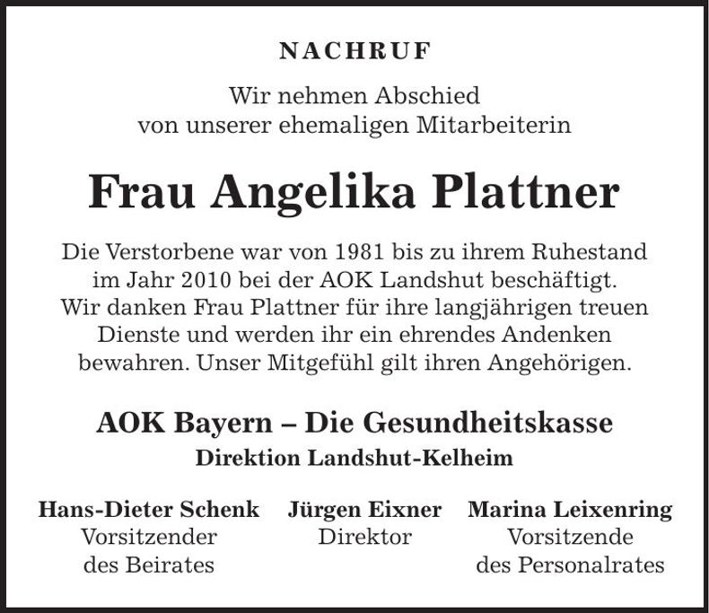 Traueranzeige Angelika Plattner