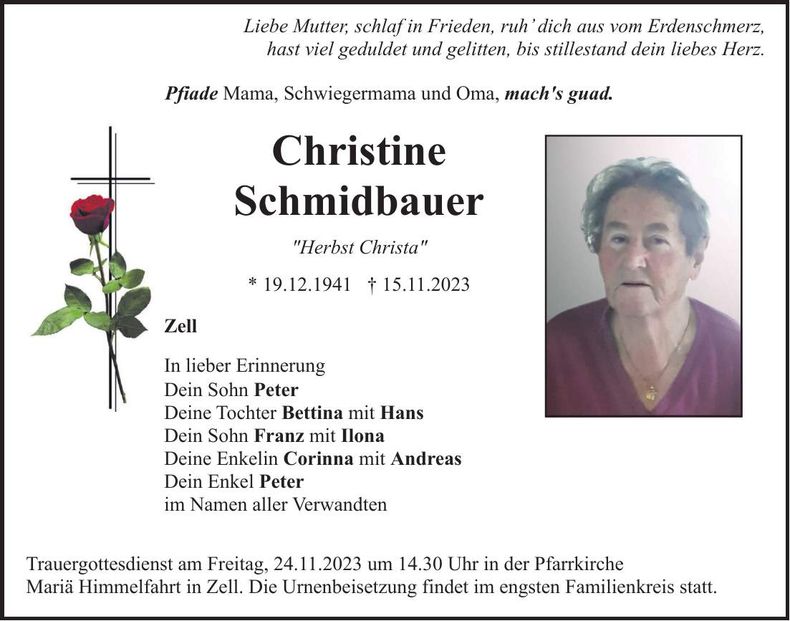 Traueranzeige Christine Schmidbauer