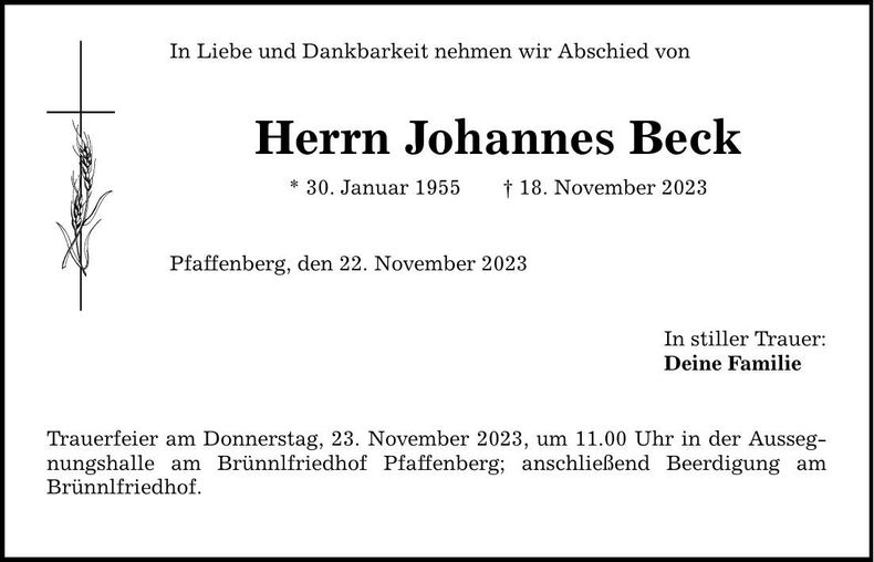 Traueranzeige Johannes Beck