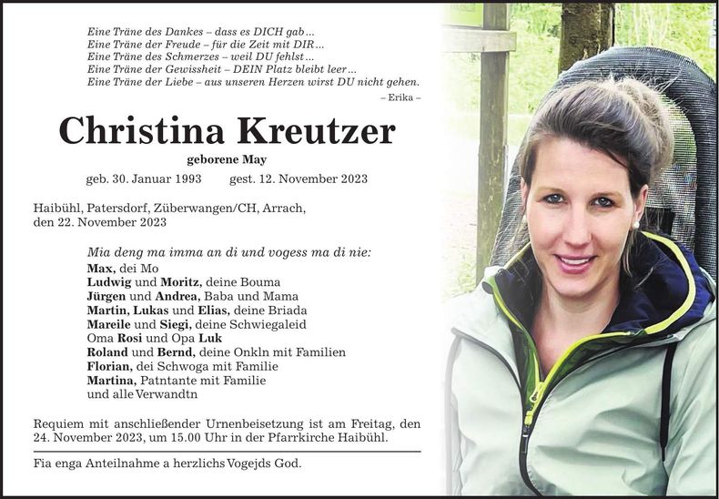 Traueranzeige Christina Kreutzer