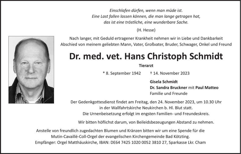 Traueranzeige Dr. med. vet. Hans Christoph Schmidt