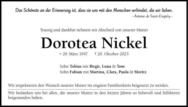 Traueranzeige Dorotea Nickel